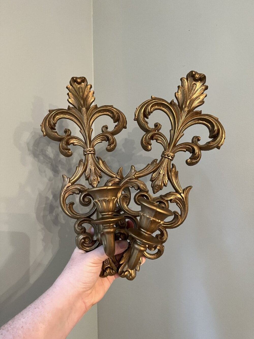 Vintage Homco Fleur-De-Lis Gold Wall Sconce Candle Holders Set Of 2